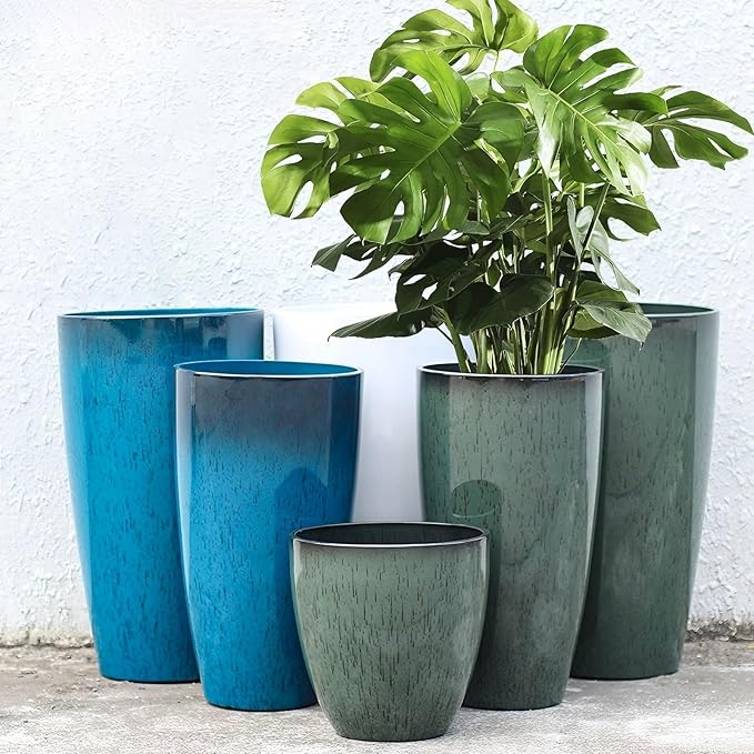 24,21,11 Inch Large Plastic Planters with Drainage Hole and Saucer - Set of 3 Tall Plant Pots Indoor Flower Pot Tall Round Planters Outdoor Large Tall Planter