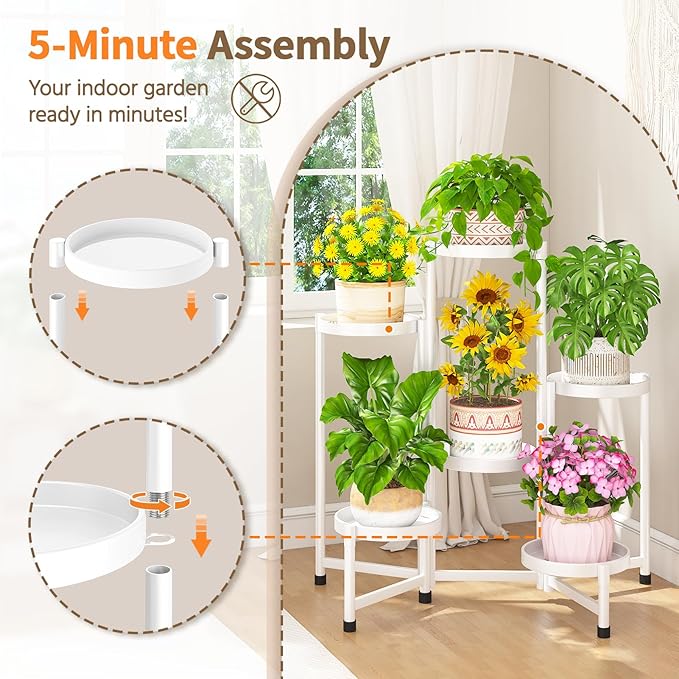 LASZOLA 6 Tiered Folding Tall Plant Stand Indoor for Multiple Large Planter, Heavy Duty Metal Adjustable Flower Rack for Narrow Corner, Sturdy Vertical Spiral Shelving Holder for Modern House, White