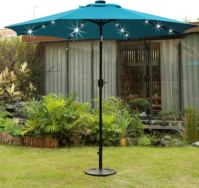 Sunnyglade 9' Solar LED Lighted Patio Umbrella with 8 Ribs/Tilt Adjustment and Crank Lift System (Teal Blue)