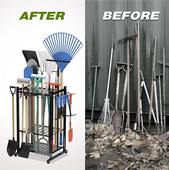 Garden Tool Organizer Rack Up to 50 Tools, Heavy-Duty Steel Yard Tool Organizer for Garage Storage with 11 Hooks, Broom Holder & Garden Tool Rack for Shed, Patio, Outdoor Use, Black