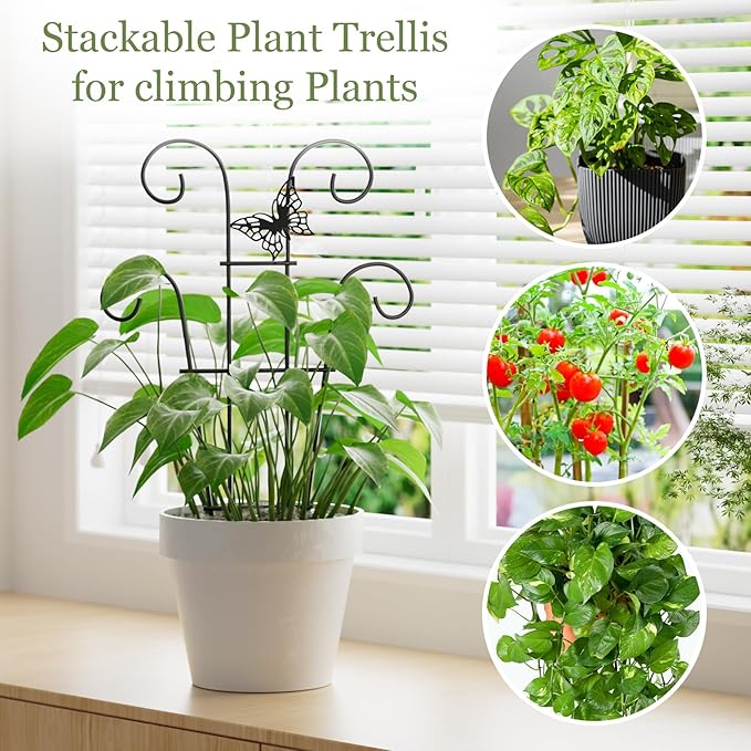 Indoor Plant Trellis for Climbing Plants, Stackable Garden Trellis for Potted Plants, Small House Plant Trellis for Vine Ivy Flower Plant Support Outdoor DIY Metal Trellis 3 Pack, Butterfly Design