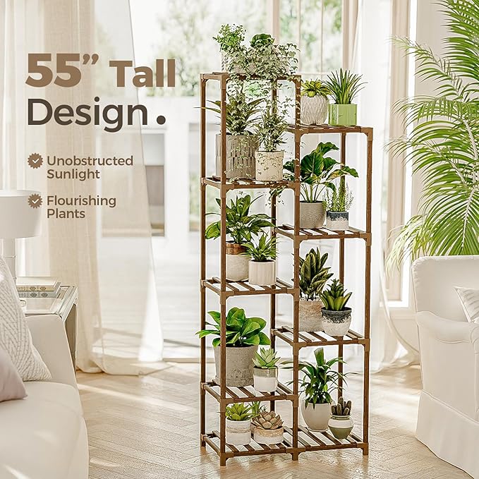 Bamworld Plant Stand Indoor Tall Plant Shelf Outdoor Corner Plants Table Wood Flower Stand for Living Room Balcony and Garden (9 pots)