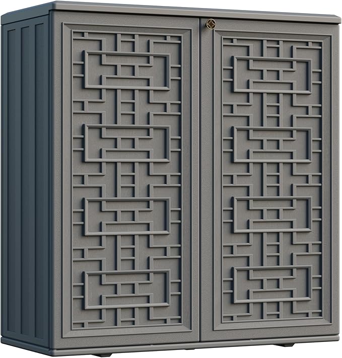 Indoor Outdoor Storage Cabinet Waterproof with Shelf,Plastic Storage Sheds Outdoor Cabinets for Patio/Garden/Backyard, Size 34.3''L*15''W*36.2''H（Gray）