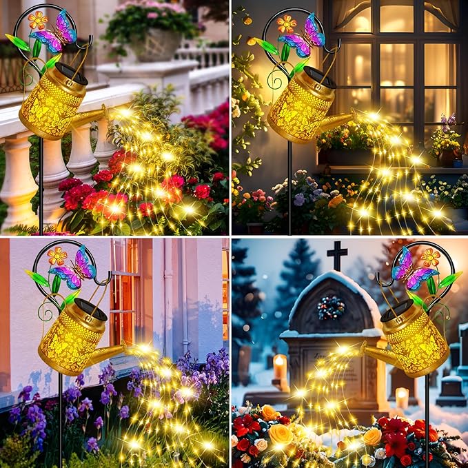 Butterfly Solar Watering Can Lights, Outdoor Waterproof Garden Lanterns with Shepherd Hook, Solar Garden Decor for Yard Outdoor Landscape Pathway, Gift for Women Mom Grandma,Christmas Gifts, 2 Pack