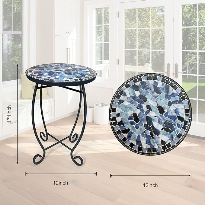 LIFFY Outdoor Side Table,12" Round Ceramic Tile Tabletop Accent Table with Metal Frame, Indoor Small Decorative Plant Stand & End Table for Home, Patio, Garden