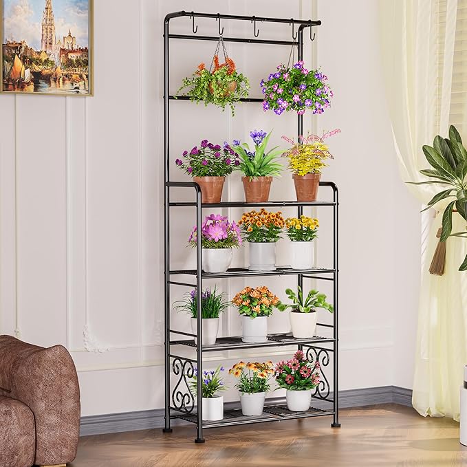 Plant Stand Indoor Outdoor Heavy Duty Metal - 68.4" Tall 4-Tier Shelf for Multiple Plants, Flowers, Rustproof Black Storage Rack for Patio, Balcony, Living Room, Garden, Includes Hooks&Adjustable Feet