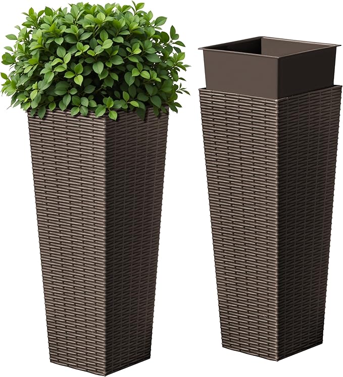 Devoko Resin Tall Planters for Outdoor Plants Set of 2, Large Taper Outdoor Planter Pots with 4 Drainage Holes, Flower Pots Modern Decor for Porch, Patio, Backyard, Home Garden (Brown, 24")
