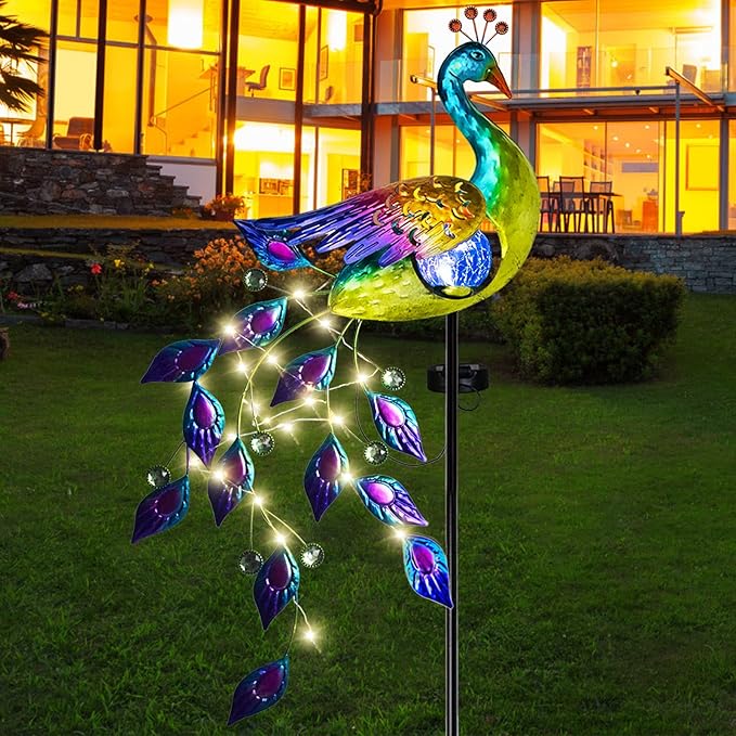 DREAMSOUL Solar Garden Lights Outdoor, Metal Peacock Decor Solar Lights Garden Stakes with Led String Lights, Waterproof Crackle Glass Ball Landscape Path Light for Lawn Patio