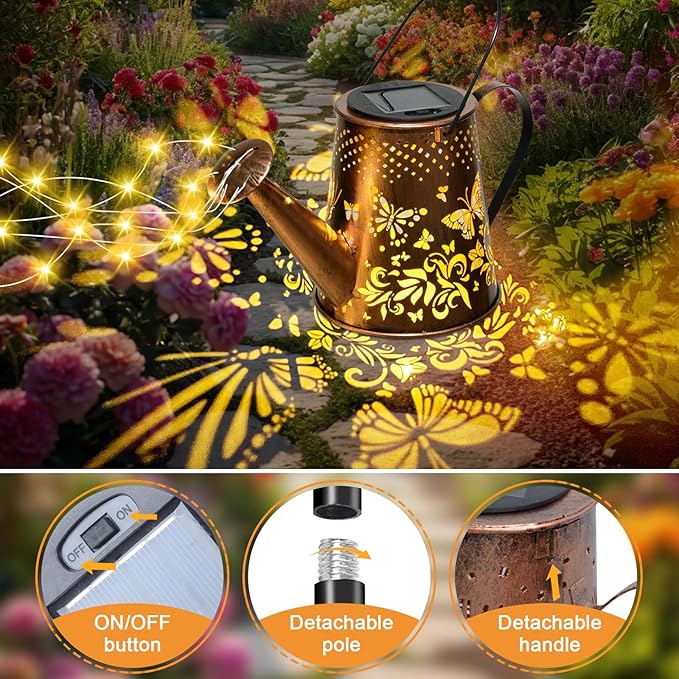 Fohil Solar Watering Can with Lights, Retro Metal Solar Garden Lights Outdoor, Waterproof Hanging Solar Powered Lantern Garden Decorations for Porch Lawn Driveway Backyard Pathway
