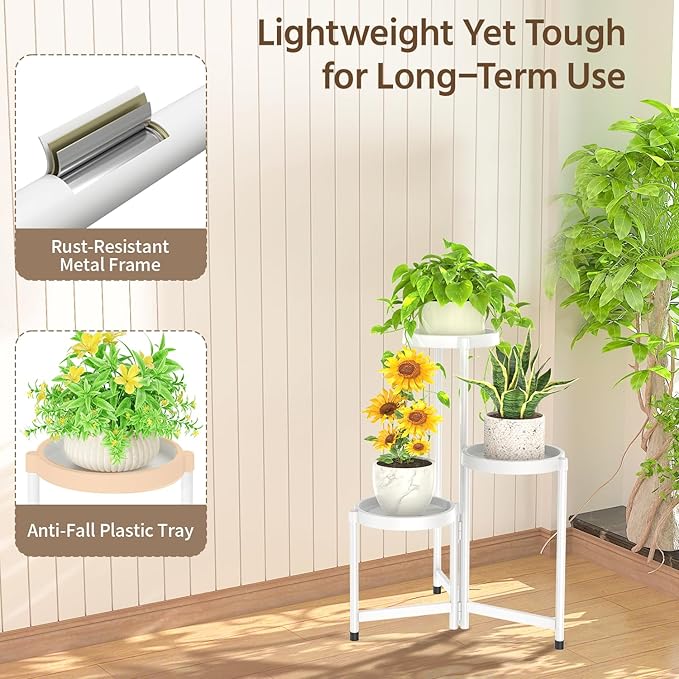 LASZOLA 3 Tiered Folding Plant Stand Indoor for Multiple Large Planter, Tall Heavy Duty Adjustable Rack with Rust Proof Plastic Shelving, Sturdy Vertical Tree Organizer for Narrow Inside Floor, White