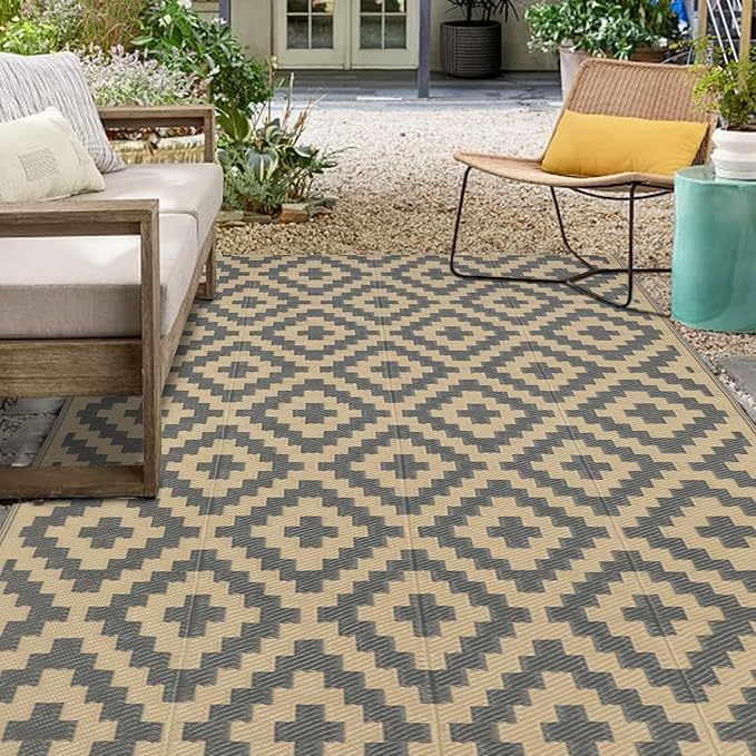 SAND MINE Reversible Mats, Plastic Straw Rug, Modern Area Rug, Large Floor Mat and Rug for Outdoors, RV, Patio, Backyard, Deck, Picnic, Beach, Trailer, Camping, Grey & Tan, 5' x 8'