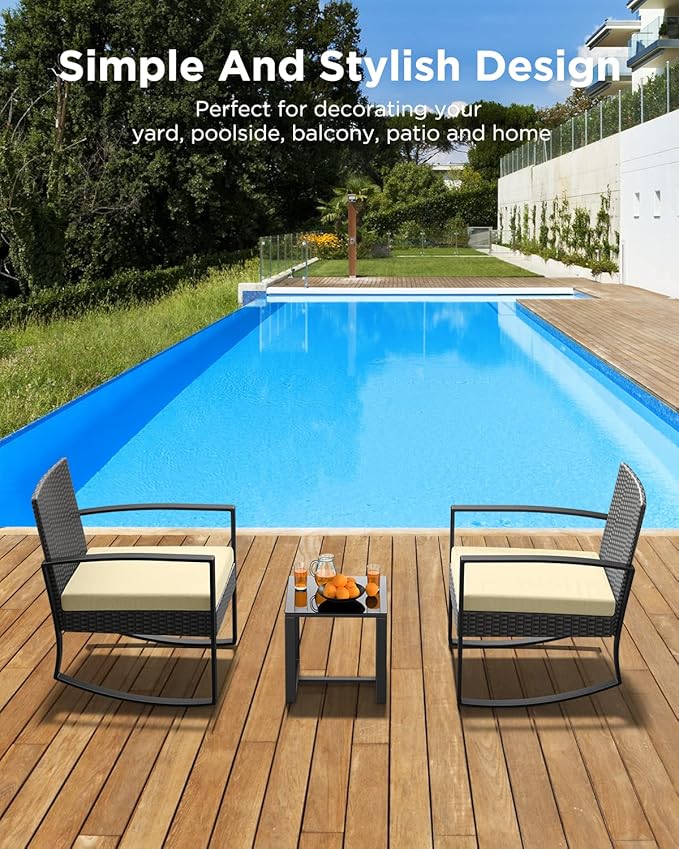 3 Pieces Porch Furniture Set Patio Rocking Bistro Set Outdoor Patio Chairs Rattan Conversation Sets with Coffee Table for Front Porch Garden Balcony Backyard Poolside (Beige Cushion)