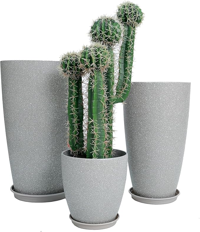 24,21,11 Inch Large Plastic Planters with Drainage Hole and Saucer - Set of 3 Tall Plant Pots Indoor Flower Pot Tall Round Planters Outdoor Large Tall Planter