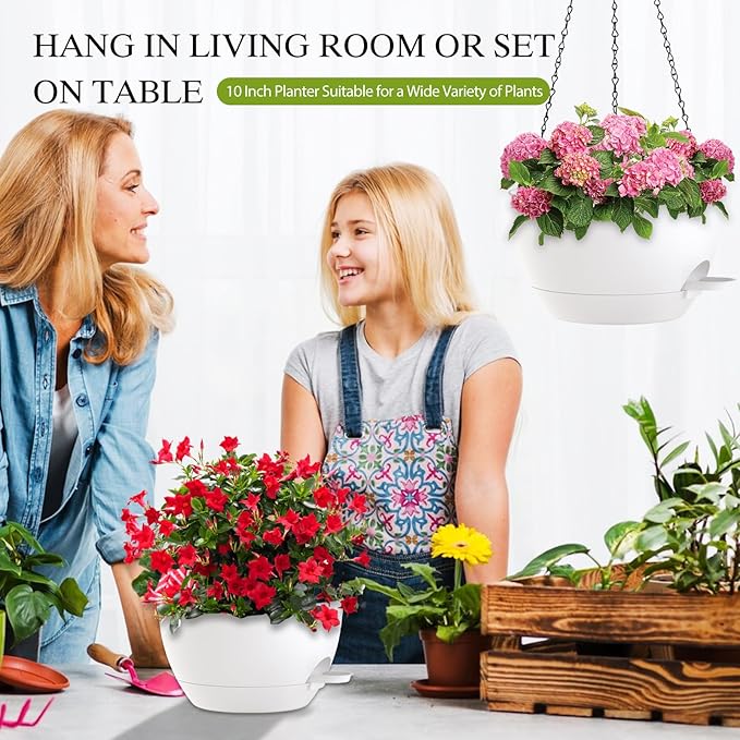 10 Inch Hanging Baskets 2 PC with Chains, Self-Watering Hanging Planters for Indoor Outdoor Plants, Plastic Hanging Flower Pots,White