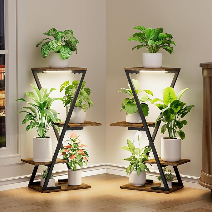 Plant Stand Indoor with Grow Lights - 2 Pack Corner Plant Shelf Indoor, 32" Tall Lighted Plant Stand for Indoor Plants, 6 Tiered Z-Shape Flower Stands Display Holder for Living Room, Decor, Black