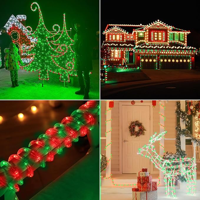 150ft LED Rope Lights Outdoor, 1080 LED Connectable and Flexible Tube Lights with 8 Modes, Waterproof LED Rope Lighting for Garden Patio Pool Bedroom PartyIndoor Outdoor Christmas Decor (Red & Green)