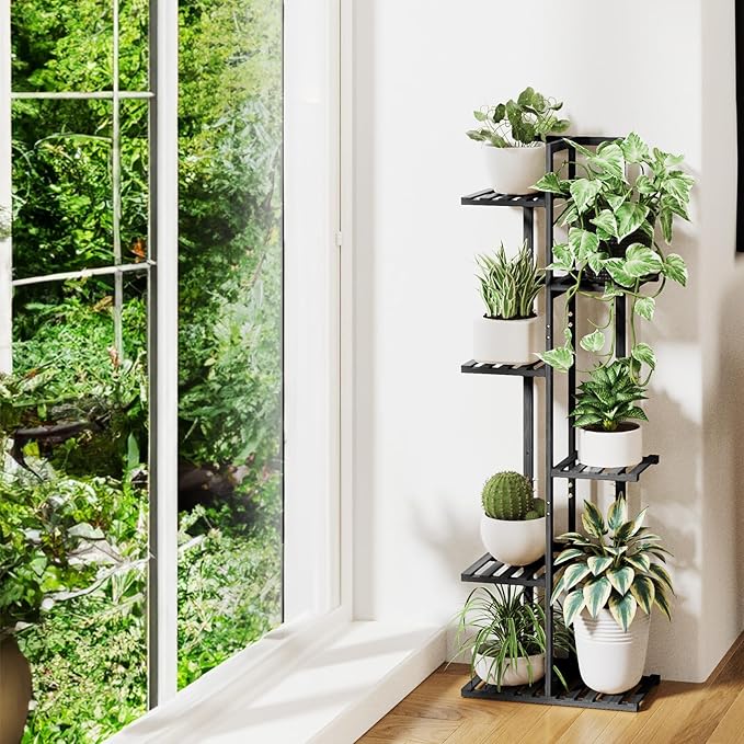ROSSNY 48 Inch Tall Plant Stand Indoor, 6 Tier 7 Potted Bamboo Plant Stands for Indoor Plants, Corner Plant Stand, Tiered Plant Stands, Plant Shelf For Indoor, Planter Holder for Multiple Plants Indoor, Black