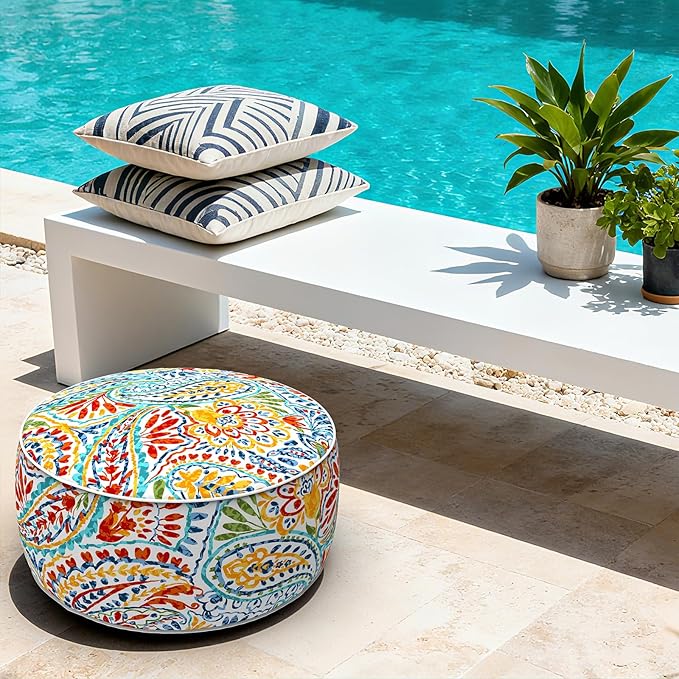 LVTXIII Indoor/Outdoor Inflatable Ottoman with Handle D21 x H9 Inch, Weather-Resistant Round Footstool Pouf for Patio Camping Living Room, Portable Footrest Extra Seating, Paisley Ummi Multi