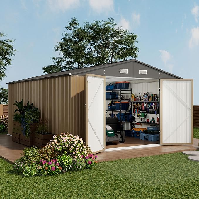 Devoko 10x14 FT Outdoor Storage Shed, Large Metal Storage Sheds with Lockable Door, Utility Garden Tool Shed with Sloping Roof, Outside Steel Storage Sheds for Patio Lawn Backyard, Brown