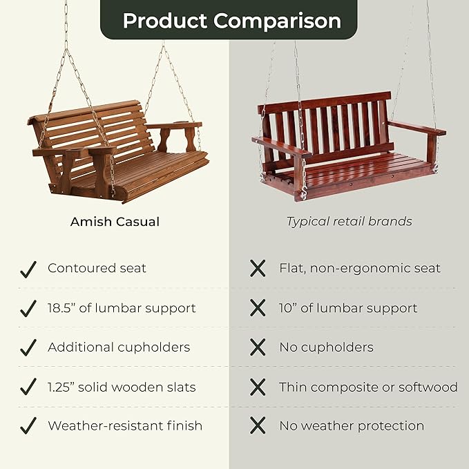 Amish Casual 3 Foot Roll Back Porch Swing with Cup Holders in Oak Stain - Amish Made in The USA from Treated Pine Heavy Duty 700 Lb. Weight Capacity