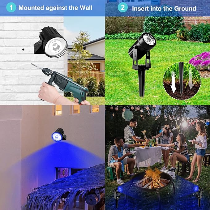 T-SUNUS 4 Pack Solar Landscape Spotlights - Blue, Waterproof IP65, 9.8ft Cable, 2000mAh Solar Panel, Auto On/Off for Garden, Driveway, Pathway, Pool Area