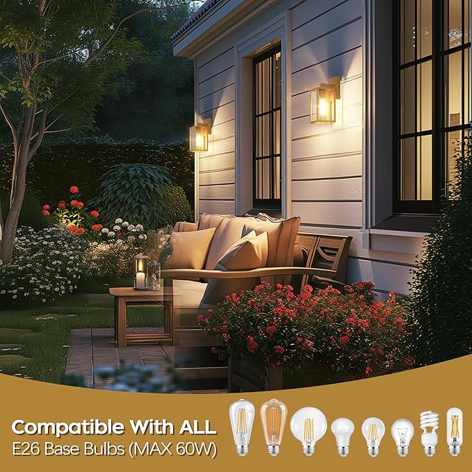 WIHTU Gold Outdoor Exterior Light Fixture for House, LED Front Porch Lights for House, Waterproof Wall Sconce Lantern Lamp, Outside Coach Lights for Patio, Garage, Doorway, Entryway