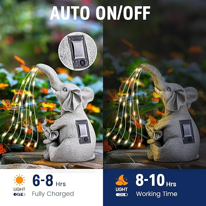 Solar Garden Outdoor Statue with 30 LED Lights - Lawn Decor Elephant Figurine for Patio, Balcony, Yard Ornament - Unique Housewarming Lucky Elephant Mother Gift