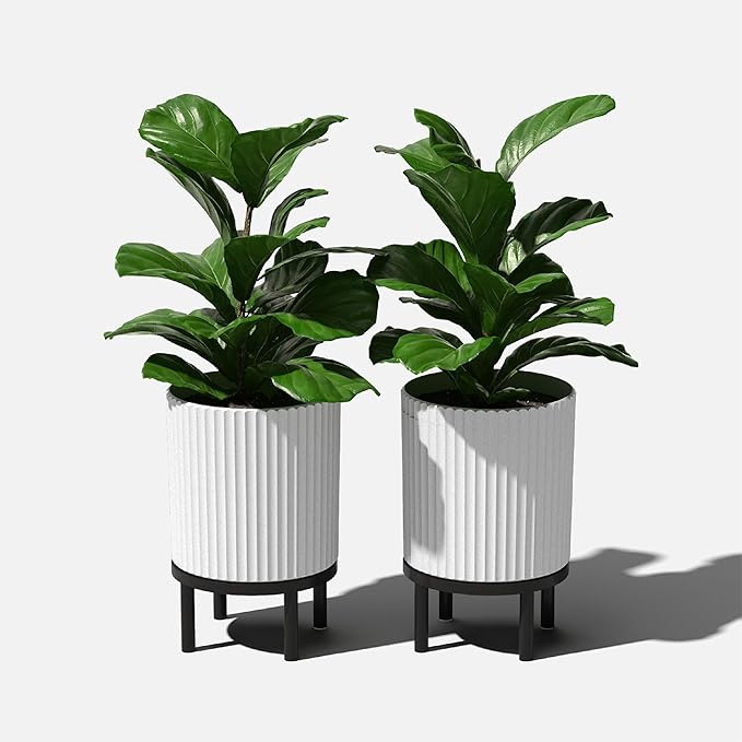 Veradek Demi Series Round Planter w/Stand for Porch/Patio | Durable Plastic-Stone Composite & Wooden Stand | Modern Décor for Tall Plants, Flowers