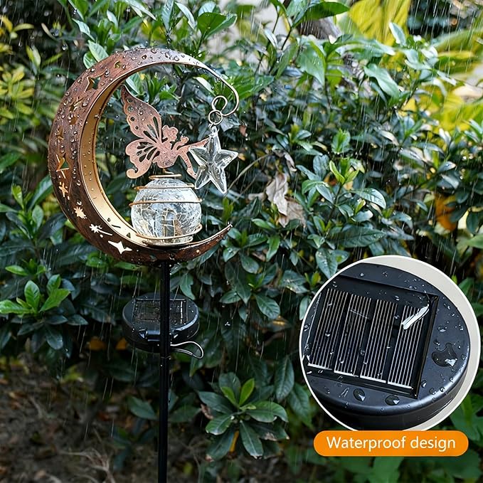 Solar Lights Garden Decorations Outdoor-Moon Fairy Lights with Crackle Glass Globe,Lawn Decorative Lights Waterproof Warm White LED, Decoration for Pathway Lawn Patio Courtyard Backyard(Moon Elf)