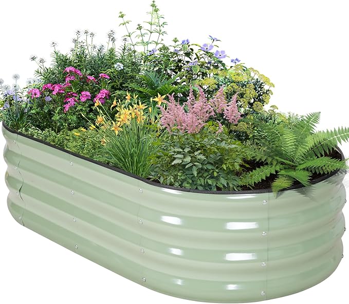 Galvanized Raised Garden Bed Outdoor - 4×2×1ft Planter Raised Beds for Gardening | Oval Metal Garden Planter Box with Safety Edging and Gloves for Vegetables Fruits Flowers - AvocadoGreen