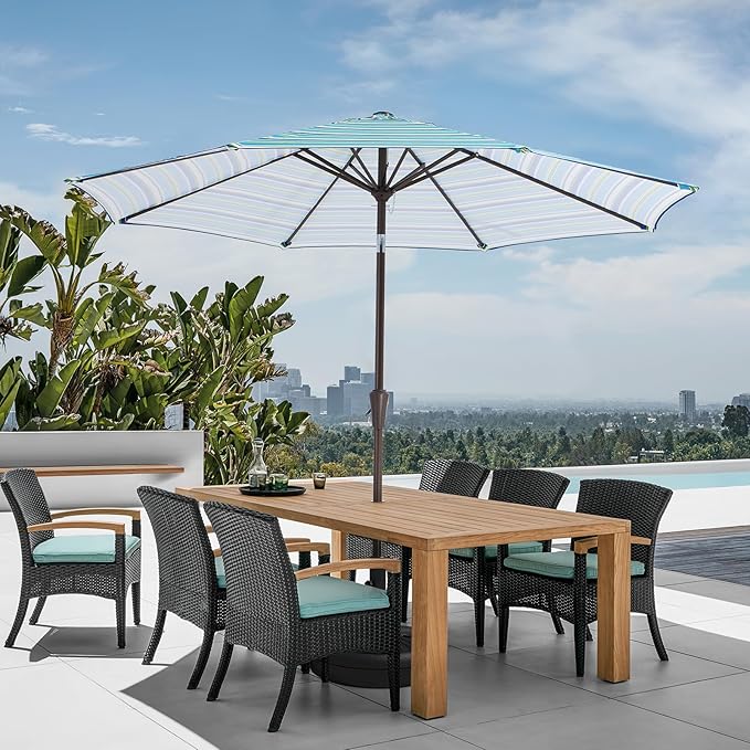 JEAREY 9FT Outdoor Patio Umbrella Outdoor Table Umbrella with Push Button Tilt and Crank, Market Umbrella 8 Sturdy Ribs UV Protection Waterproof for Garden, Deck, Backyard, Pool (Blue Green Stripe)