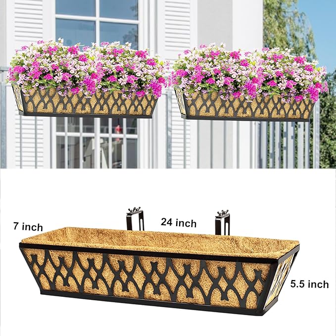2 Pack 24 Inch Window Boxes Planters Railing Planter Box with Adjustable Brackets for Porch Fence Patio Balcony Hanging Flower Baskets with Coco Liners for Outdoor Garden Décor - Black