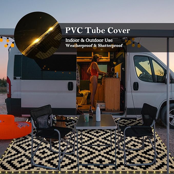 SAND MINE Reversible Mats with Led Strip Lights, Plastic Straw Rug, Modern Area Rug, Large Floor Mat for Outdoors, Patio, Backyard, Deck, Picnic, Camping, Black & Beige, 6' x 9'