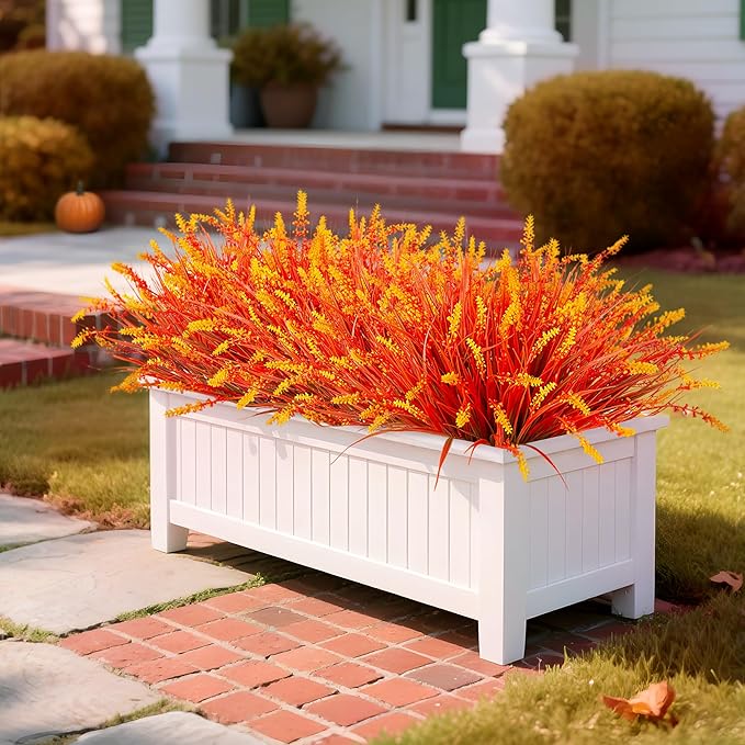 Artificial Fake Plants Flowers for Outdoors Fall Decor, 12 Bundles Fall Leaves Faux Lavender Flowers for Autumn Decoration, Fake Shrubs UV Resistant Planter No Fade for Garden Porch Balcony(Brown)