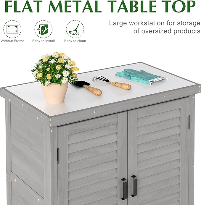 Outdoor Storage Cabinet & Potting Bench Table with Metal Top, Wooden Patio Furniture, Garden Workstation (Accent Grey, 36x31x17in)