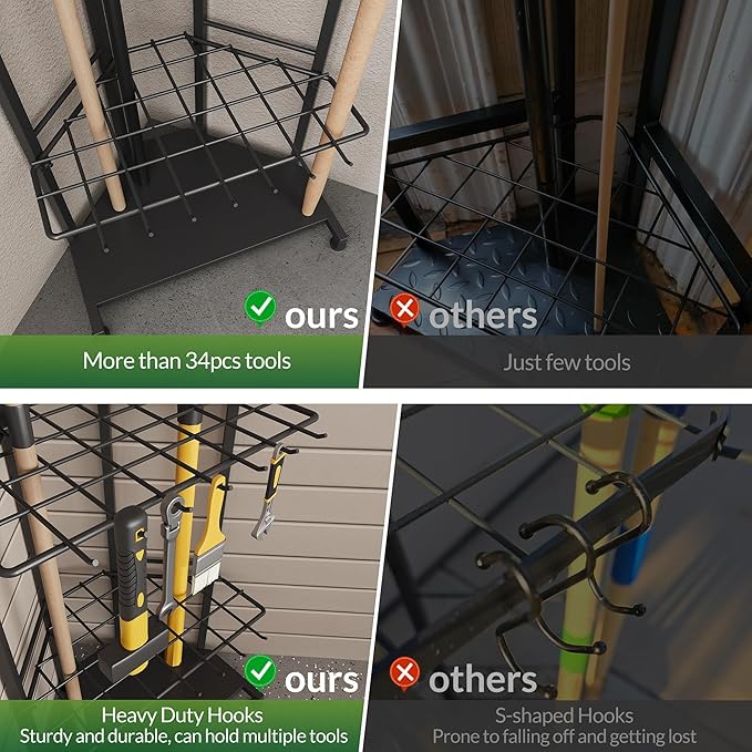Garden Tool Organizer for Corner - Heavy Duty Metal Rack with 34 Storage Compartments & 14 Hooks for Shovels, Rakes, Long-Handled Tools, Ideal for Garden, Shed, Garage Storage