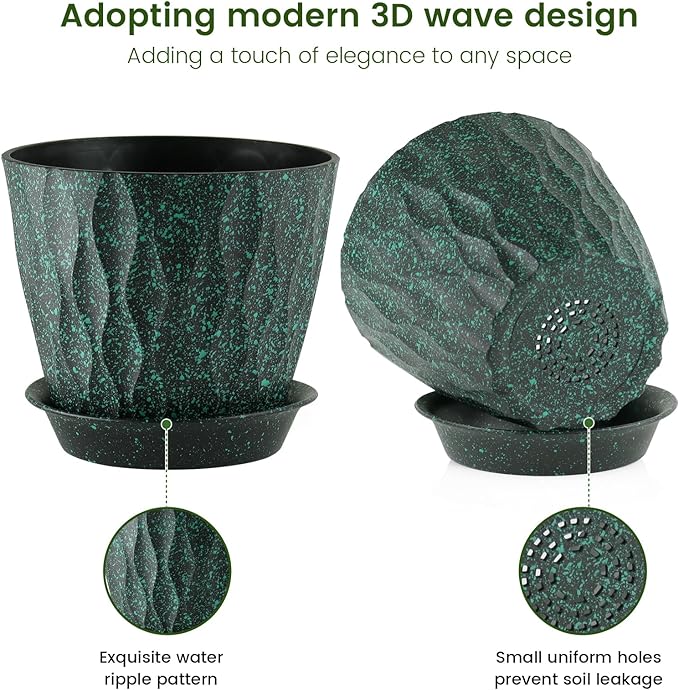7 inch Plant Pots for Indoor Outdoor Plants, 5 Pack Thick Flower Pots with Drainage Holes and Saucers, 3D Modern Wave Texture Plastic Planter Nursery Pots, Black with Green Speckles