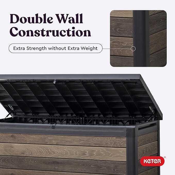 Keter Signature Collection 150 Gallon Resin Deck Box Organization and Storage Box for Patio Outdoor Cushions, Throw Pillows, Garden Tools and Pool Supplies, Walnut