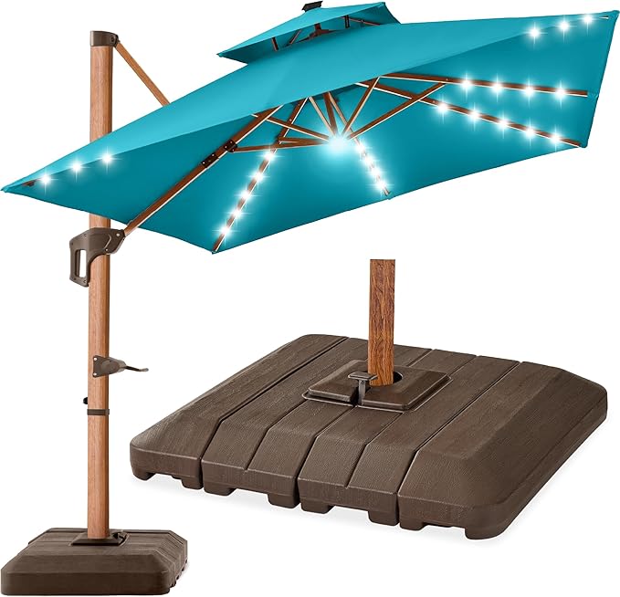 Best Choice Products 10ft Square Cantilever Patio Umbrella w/Base Included, Woodgrain Pattern Pole & Solar LED Lights, 360-Rotation, Offset Hanging Outdoor Shade - Cerulean