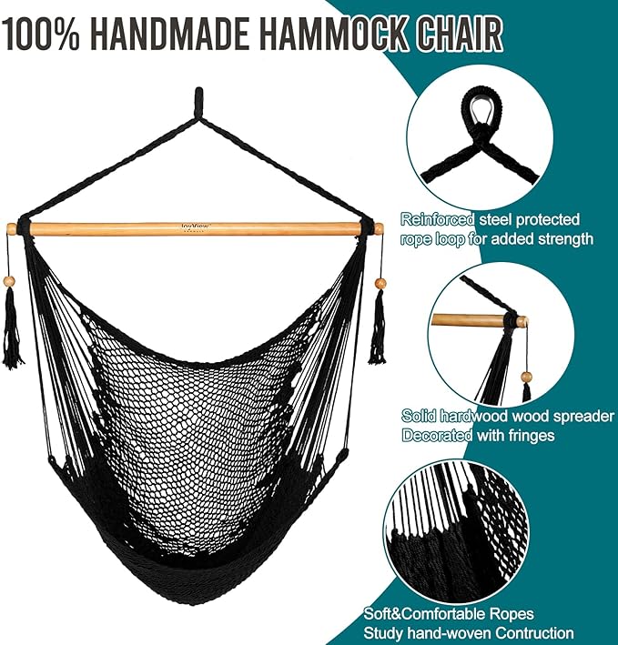 JoyView Hammock Chair with Spreader Bar Caribbean Hammock Swing Chair 300 LBS Weight Capacity XL Rope Hanging Chair for Outdoor Indoor Garden Yard - Black