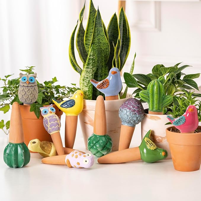 4 Pack Watering Globes - Terra Cotta Watering Spikes for Indoor Plants, Handcrafted Cactus Shape Self Watering Devices with Slow Release System, Plant Water Bulbs for Vacation & Outdoor Pots