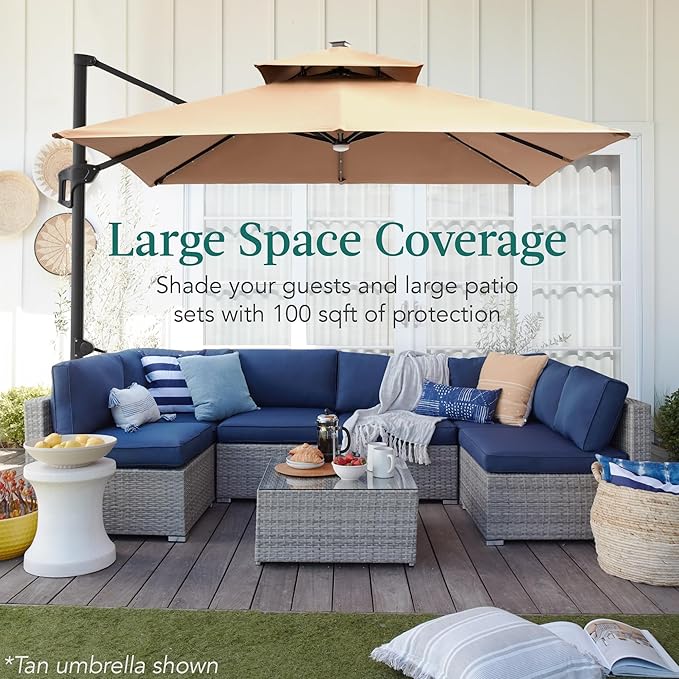 Best Choice Products 10x10ft Cantilever Patio Umbrella w/Base Included, Solar LED Lights 360 Rotation Large Offset Hanging Outdoor Shade for Deck Pool Backyard w/Stand – Seaglass