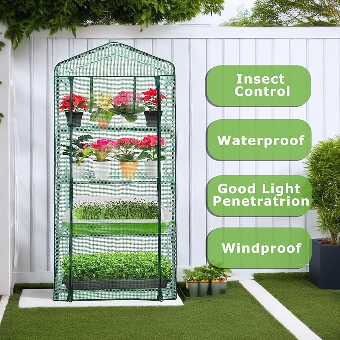 Mini Greenhouse for Indoor Outdoor,Plant Green House 4-Tier Rack Stand Portable Greenhouses with Durable PE Cover for Seedling, 2.5x1.6x5.2 FT Ideal Gardening Gifts for Women Men(PLGH704G)