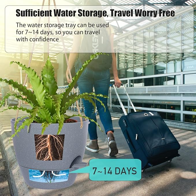 10 Inch Self Watering Hanging Pots, 2 Pack Hanging Planters with 40oZ Deep Reservior for Indoor Outdoor Plants Flowers, Grey