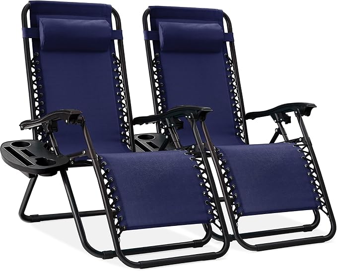 Best Choice Products Set of 2 Adjustable Steel Mesh Zero Gravity Lounge Chair Recliners w/Pillows and Cup Holder Trays - Navy Blue