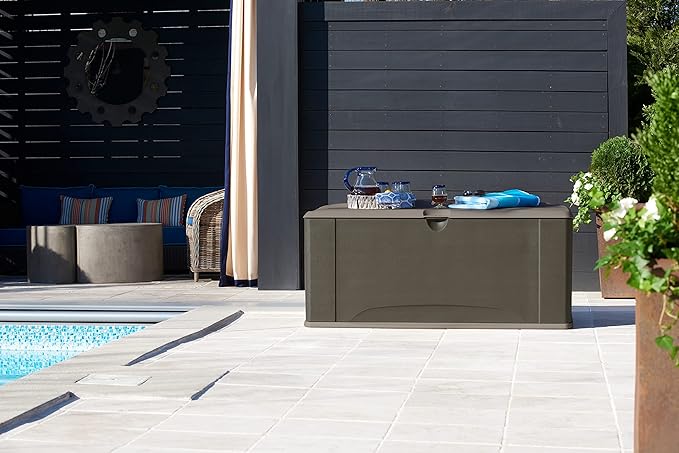 Rubbermaid Extra Large Resin Outdoor Storage Deck Box with Seat (120 Gal), Weather Resistant, Brown, Deck Organization for Home/Backyard/Pool Chemicals/Toys/Garden Tools/Porch/Patio Cushions