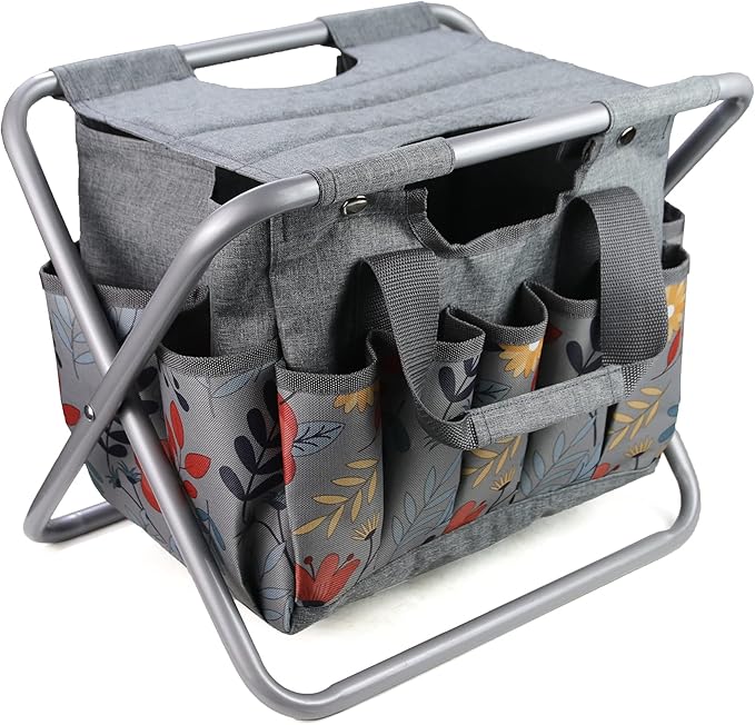 MDSTOP Folding Gardening Stool with Detachable Storage Tote Bag, Gardening Tools Set Organizer for Fishing Outdoor Sports Hiking Camping Garden, Gardening Gifts for Mom/Dad, Without Tools (Aluminum)