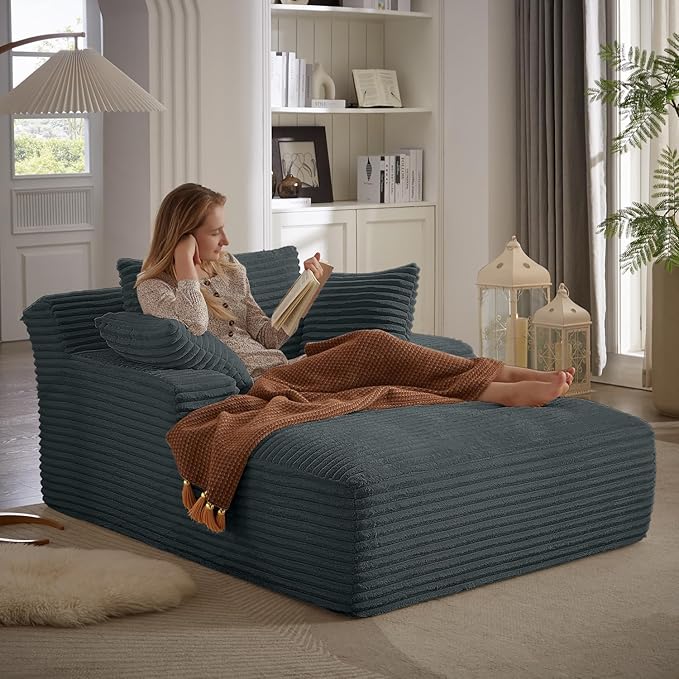 67 Inch Chaise Lounge Chair Indoor, Oversized Corduroy Upholstered Boneless Sofa Bed, Deep Seat Sleeper Couch Reading Chairs, Cloud Sofas Couches for Living Room, No Assembly Required (Dark Grey)