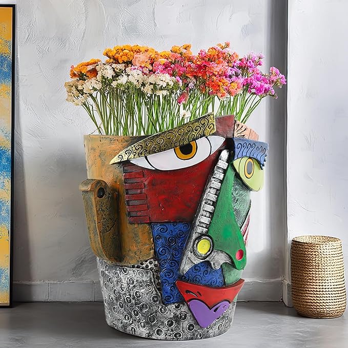 TOZLU Art Abstract Face Planters Pots Head,Unique Fun Abstract Face Flower Pot Ornaments Head Planter Pots Container Colorful Resin Flower Pot for Home and Garden Decor(Picasso Abstract Flowerpot)