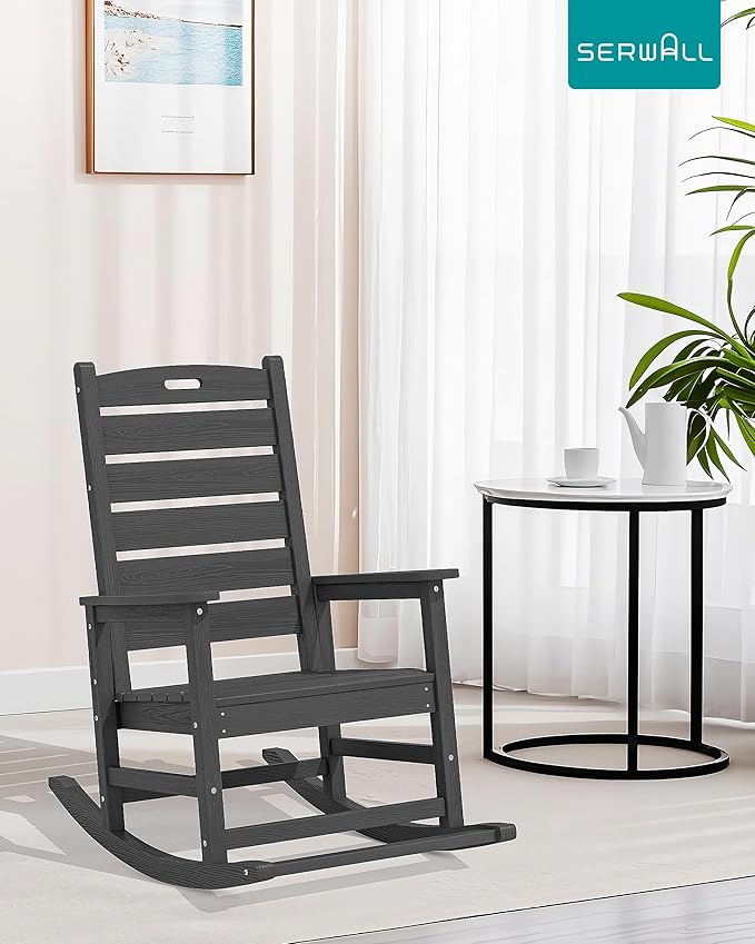 SERWALL Outdoor Rocking Chair, Oversized Rocking Chair with Footrest for Adults, HDPE All Weather Resistant Rocking Chairs for Patio, 350lbs Weight Capacity, Gray
